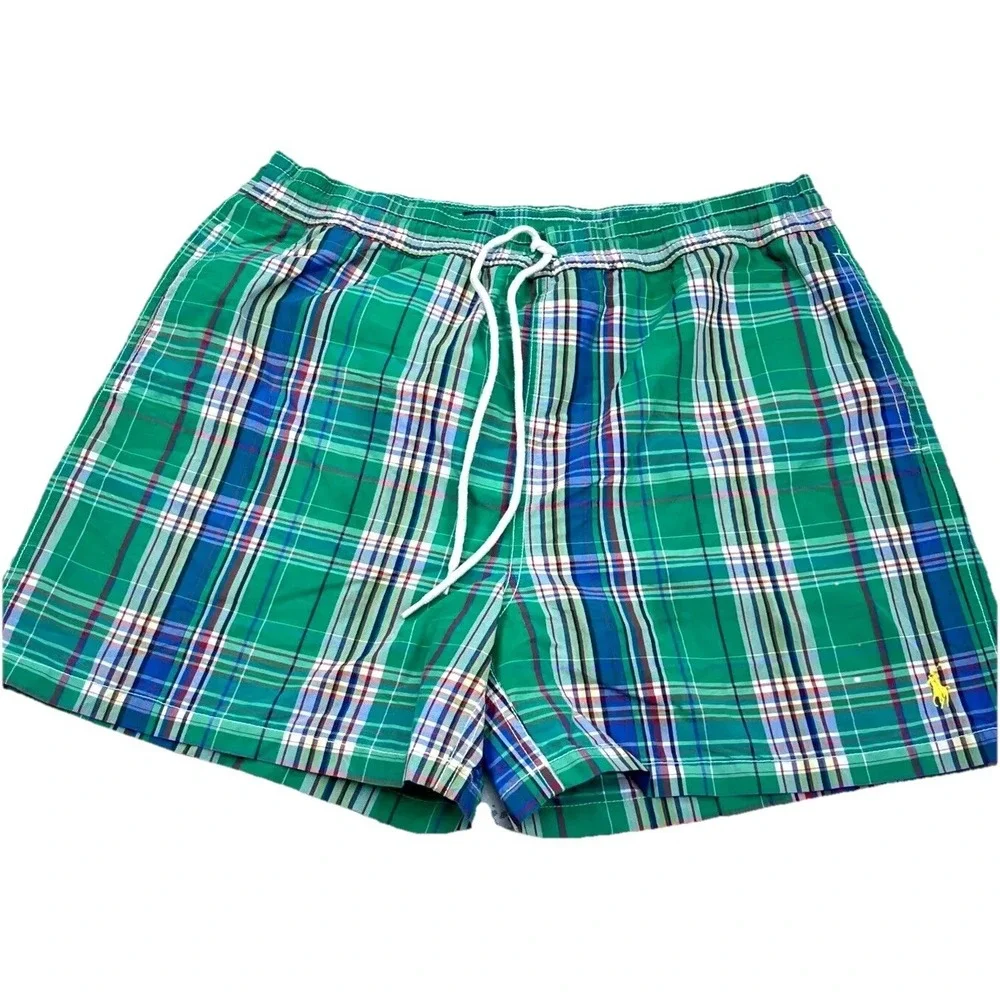 Vintage Polo Ralph Lauren Swim Trunks Men Large Green Bored Shorts 90s Tartan